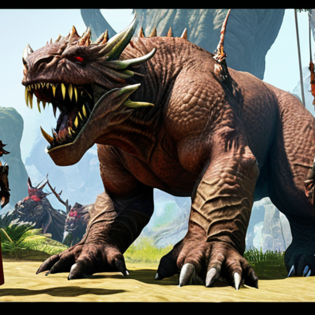 **A balanced ArcheAge party:** "ArcheAge party consisting of a tank, healer, and DPS character, working together to defeat a challenging monster. Fantasy setting, dynamic action, vibrant colors."