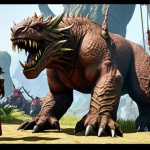 **A balanced ArcheAge party:** "ArcheAge party consisting of a tank, healer, and DPS character, working together to defeat a challenging monster. Fantasy setting, dynamic action, vibrant colors."