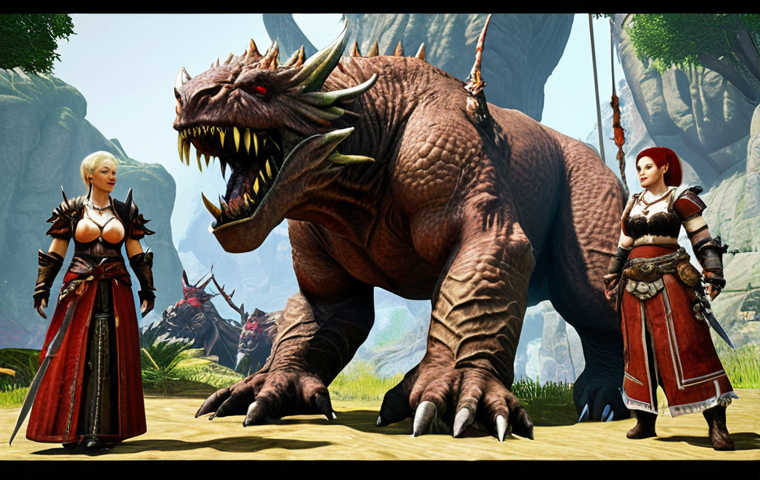 **A balanced ArcheAge party:** "ArcheAge party consisting of a tank, healer, and DPS character, working together to defeat a challenging monster. Fantasy setting, dynamic action, vibrant colors."