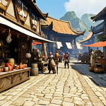 **A vibrant ArcheAge marketplace scene:** Focus on bustling traders showcasing crafted goods (furniture, tools, textiles), with players bartering for resources and unique items. Highlight the energy of commerce.
