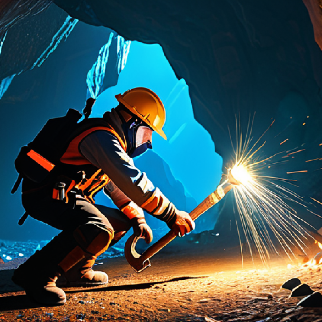A professional MMORPG miner, fully clothed in durable, modest mining gear including a sturdy helmet with a headlamp, thick gloves, and protective boots, is expertly swinging a high-quality, enchanted pickaxe into a richly glowing ore vein within a deep, well-lit cavern. The cave walls are abundant with diverse, colorful mineral deposits, reflecting the soft glow of his lamp. The pose is natural, showcasing perfect anatomy and correct proportions, with well-formed hands holding the tool. The scene captures the essence of diligent work and valuable resource acquisition. Safe for work, appropriate content, family-friendly, professional photography, high detail, cinematic lighting.