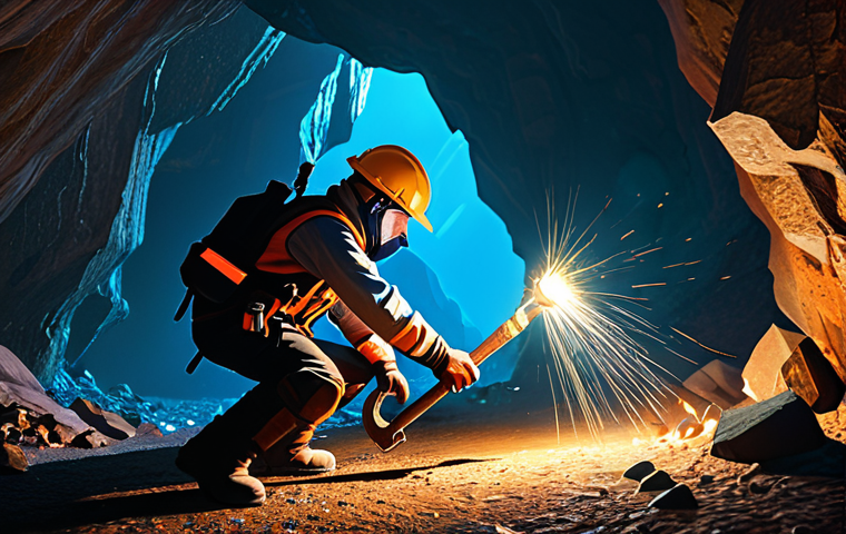 A professional MMORPG miner, fully clothed in durable, modest mining gear including a sturdy helmet with a headlamp, thick gloves, and protective boots, is expertly swinging a high-quality, enchanted pickaxe into a richly glowing ore vein within a deep, well-lit cavern. The cave walls are abundant with diverse, colorful mineral deposits, reflecting the soft glow of his lamp. The pose is natural, showcasing perfect anatomy and correct proportions, with well-formed hands holding the tool. The scene captures the essence of diligent work and valuable resource acquisition. Safe for work, appropriate content, family-friendly, professional photography, high detail, cinematic lighting.