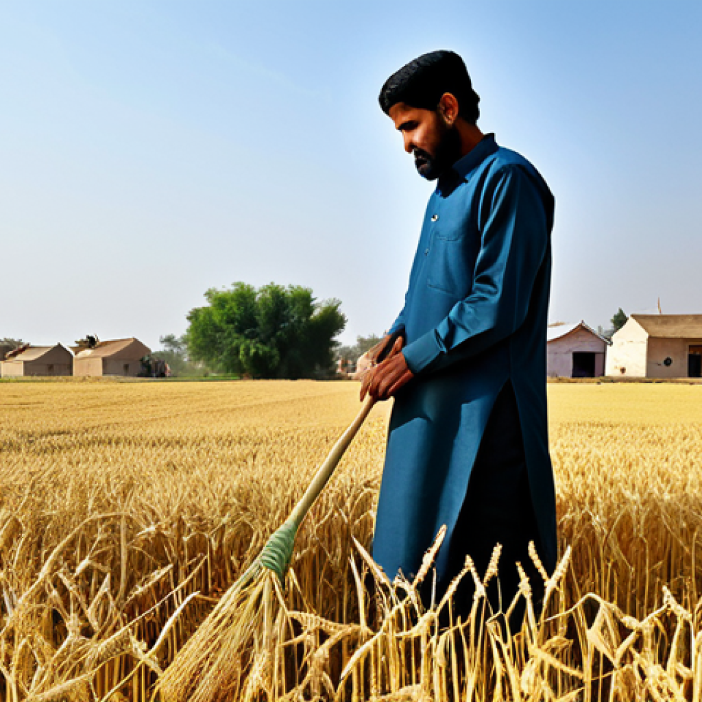 Prosperous Wheat Field**

A vast, golden wheat field under a clear blue sky. Farmers, fully clothed in traditional Pakistani attire, are harvesting the wheat. In the background, modest rural homes can be seen. Focus on conveying a sense of abundance and hard work. Perfect anatomy, correct proportions, natural pose, well-formed hands, proper finger count, natural body proportions, safe for work, appropriate content, fully clothed, professional, modest, family-friendly.

**