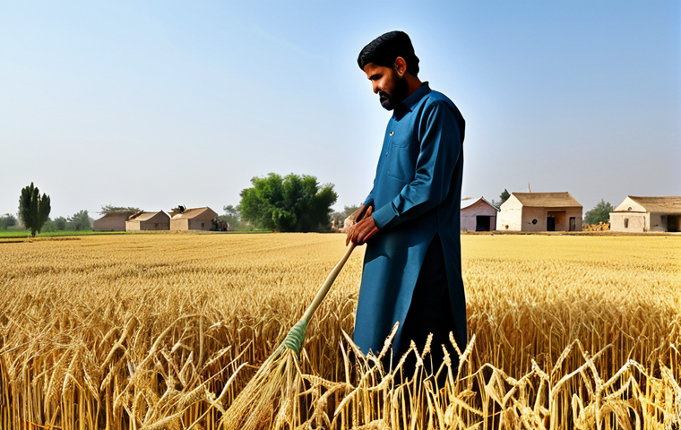 Prosperous Wheat Field**
A vast, golden wheat field under a clear blue sky. Farmers, fully clothed in traditional Pakistani attire, are harvesting the wheat. In the background, modest rural homes can be seen. Focus on conveying a sense of abundance and hard work. Perfect anatomy, correct proportions, natural pose, well-formed hands, proper finger count, natural body proportions, safe for work, appropriate content, fully clothed, professional, modest, family-friendly.
**