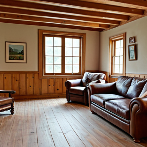 Home 19 **
"A cozy living room in an Arkage home, decorated with hand-crafted wooden furniture, including a leather sofa set and chairs. Walls are painted in light colors, adorned with paintings by local artists. Soft, natural light streams in through large windows. The room is family-friendly, safe for work, fully clothed, and showcases perfect anatomy, correct proportions, and a natural pose. Professional photography, high quality."
**