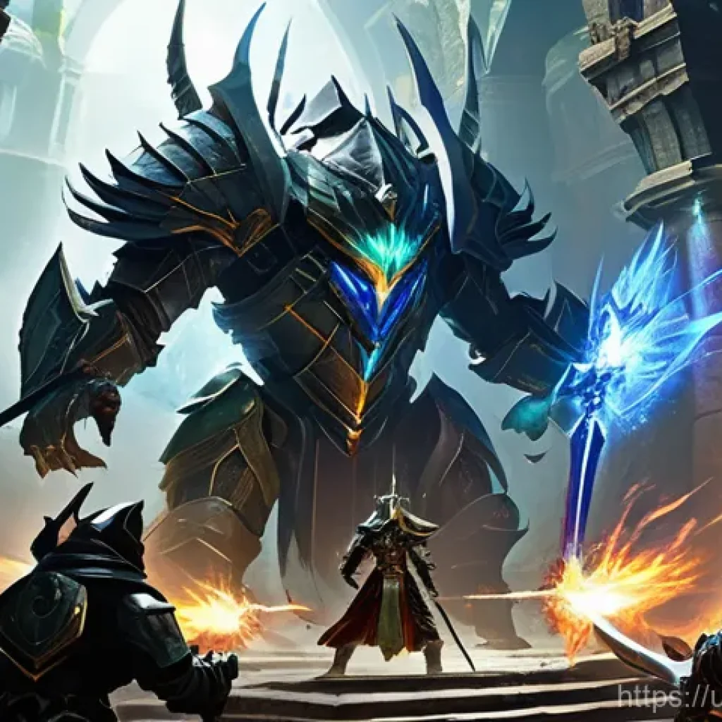 아키에이지 PvE 던전 공략 - **Prompt:** "An epic battle scene within a dark fantasy ArcheAge dungeon, reminiscent of the Ipnysh ...