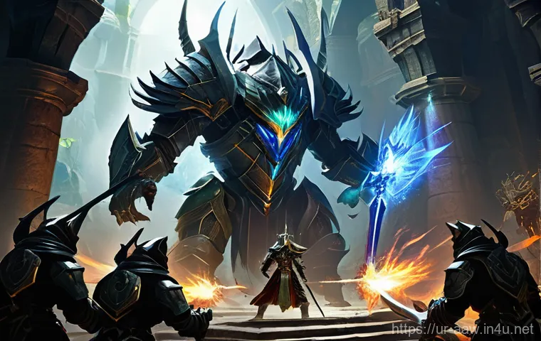 아키에이지 PvE 던전 공략 - **Prompt:** "An epic battle scene within a dark fantasy ArcheAge dungeon, reminiscent of the Ipnysh ...