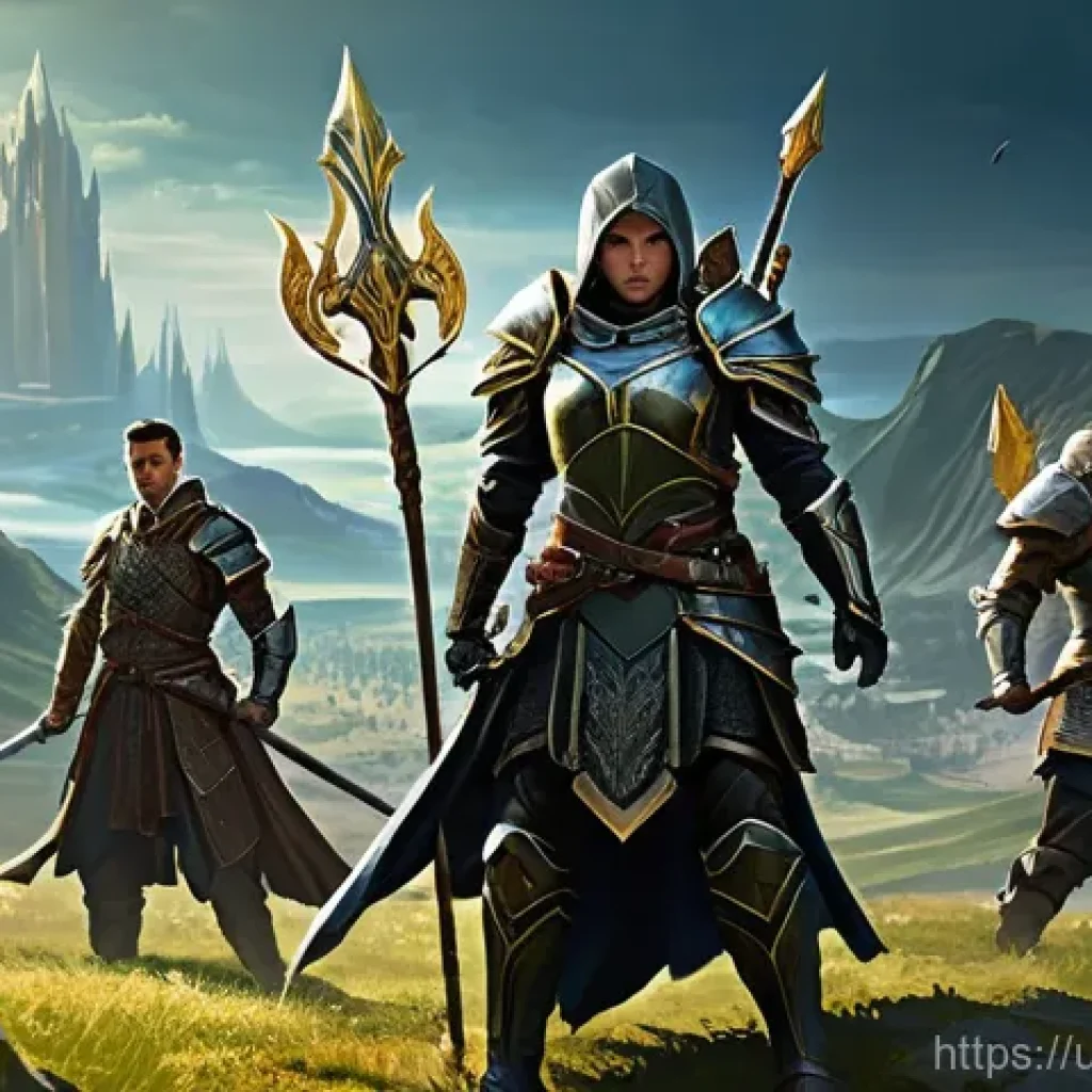아키에이지 PvP 전투 기술 - **A group of diverse fantasy heroes preparing for a grand battle, emphasizing their distinct roles a...