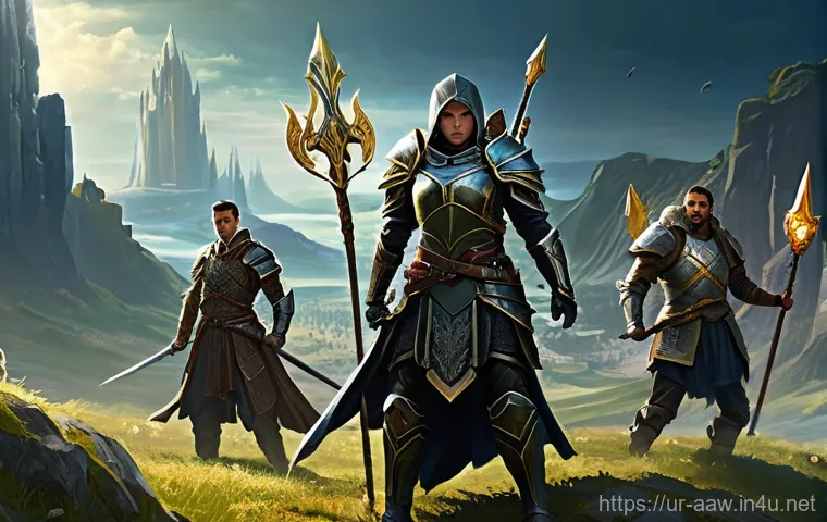 아키에이지 PvP 전투 기술 - **A group of diverse fantasy heroes preparing for a grand battle, emphasizing their distinct roles a...