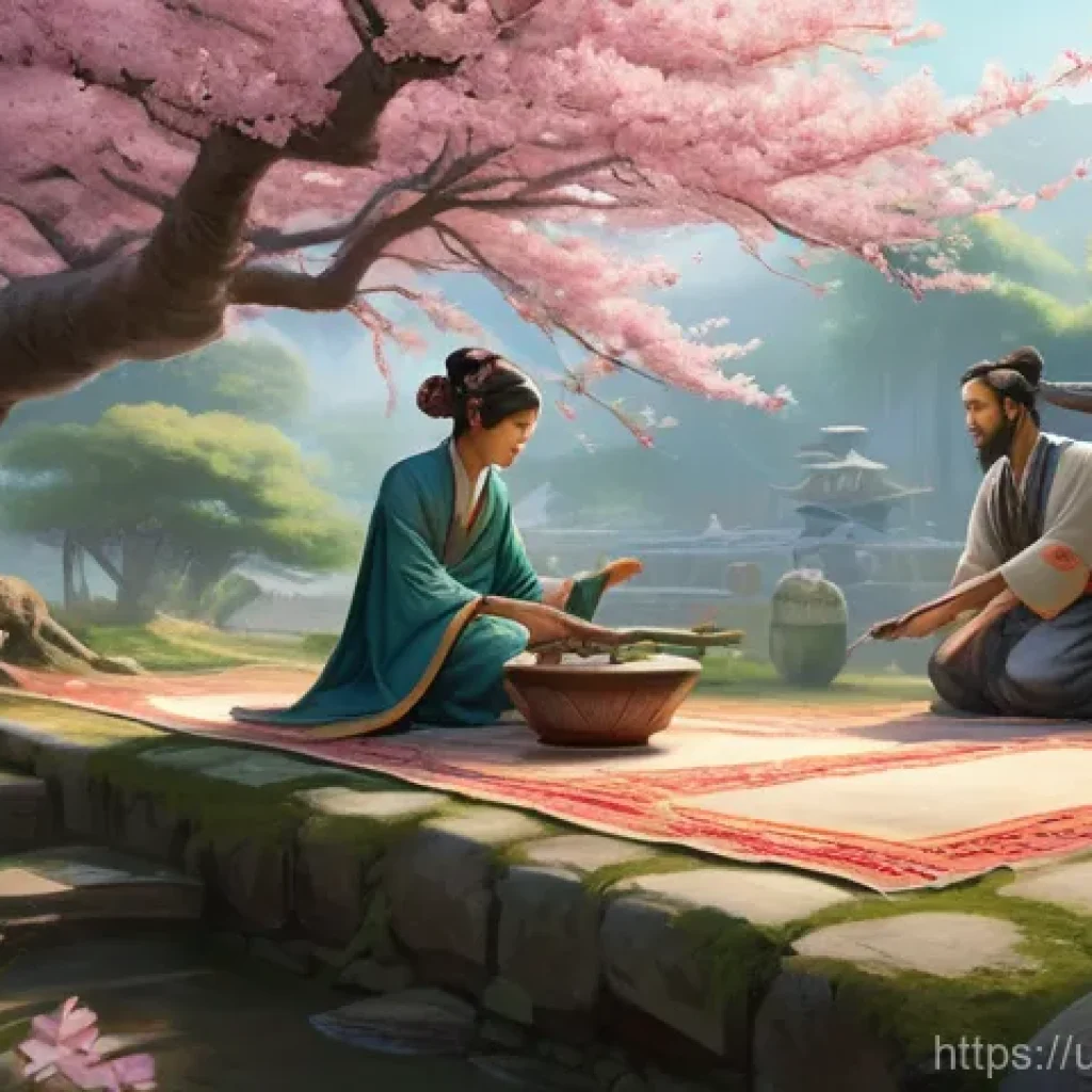 아키에이지 진영별 특징 - **Prompt:** "A serene scene depicting a diverse group of Eastern faction characters from a fantasy R...