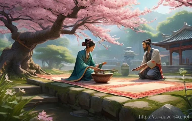 아키에이지 진영별 특징 - **Prompt:** "A serene scene depicting a diverse group of Eastern faction characters from a fantasy R...