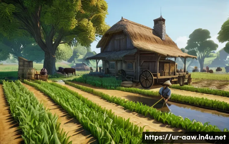 아키에이지 생활 콘텐츠 상위 팁 - **ArcheAge Prosperous Farmstead at Dawn**
A wide-angle shot of a thriving farm in the fantastica...