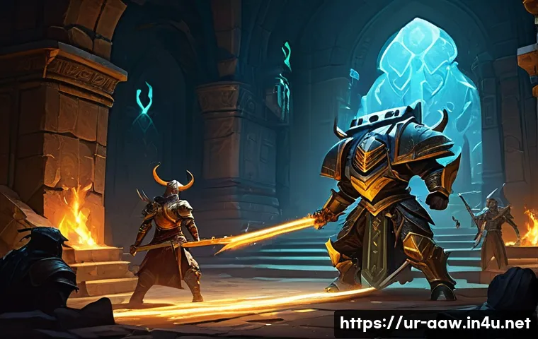 아키에이지 PvE 상위권 콘텐츠 - **Prompt:** "A vibrant, action-packed scene inside a fantastical, ancient dungeon. In the foreground...